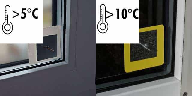 Erklärung der unterschiedlichen Farben von Klebepatches für die Befestigung von Schutzplatten für Fenster auf Baustellen innen und außen mit Temperaturbereich