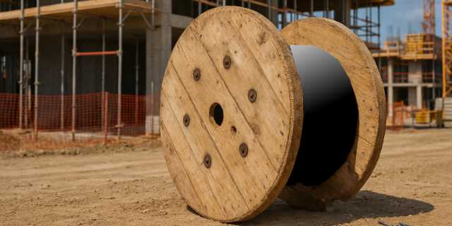 Drahtseilspule mit Schutz aus PP-Platte auf Baustelle