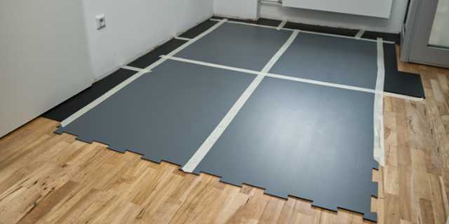 Raum auf einer Baustelle mit vier Schutzplatten für den Boden getaped